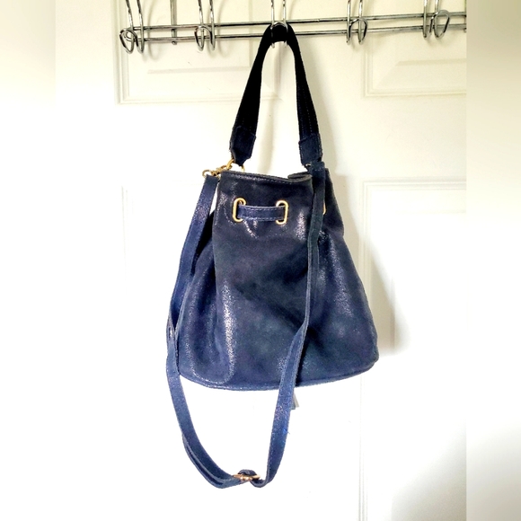 Borse in Pelle Italian Leather Blue Suede Shimmer Bucket Drawstring Bag - Picture 2 of 12